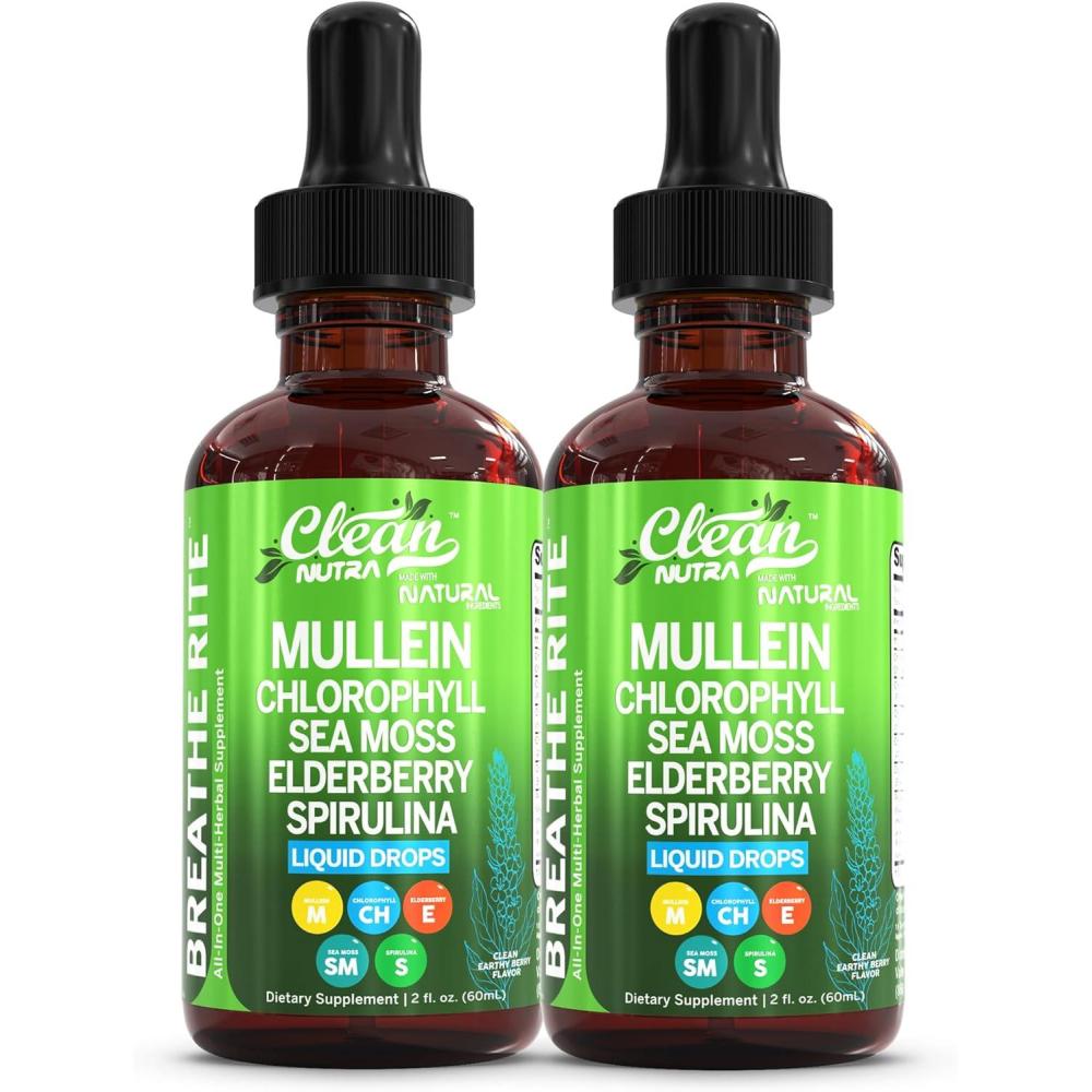 image:imageOrganic Mullein Liquid Drops With Chlorophyll for Lung Detox Plus Irish Sea Moss Spirulina Licorice Tart Cherry Lobelia Motherwort And Elderberry For Men Women Health Supplement Vitamin 2