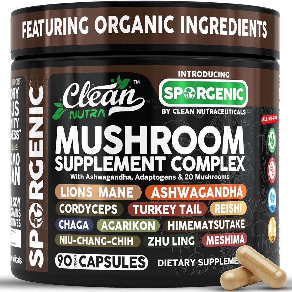 image:imageOrganic Mushroom Supplement Ashwagandha Lions Mane Cordyceps Turkey Tail Reishi Mushrooms Maca Root Black Hoof Chaga Tremella Agarikon Shiitake Oyster Powder Capsules Sporgenic By Clean Nutra 11