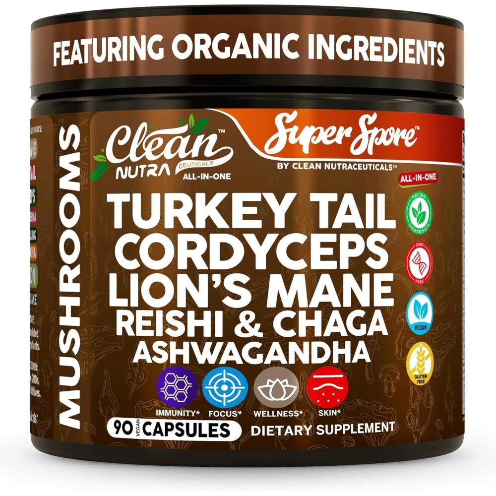 image:imageOrganic Turkey Tail Mushroom Supplement Capsules Lions Mane Cordyceps Reishi Chaga Ashwagandha Stress Relief Nootropic Immunity Adaptogens Mood Support 90 Vegan Capsules By Clean Nutra
