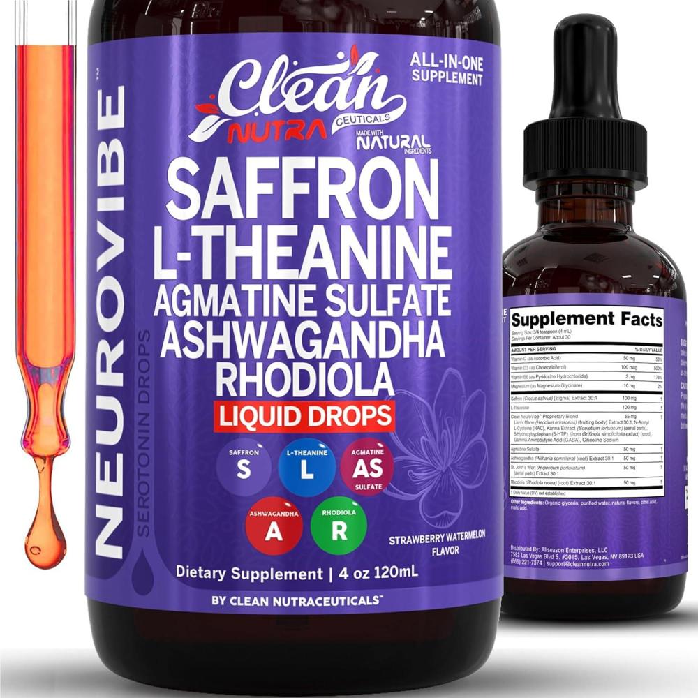 image:imageSaffron Supplements Liquid Drops LTheanine Agmatine Sulfate Ashwagandha Magnesium Glycinate B6 Magnesium Stress Relief Mood Support 5HTP GABA Supplement Vitamin D 4oz by Clean Nutra