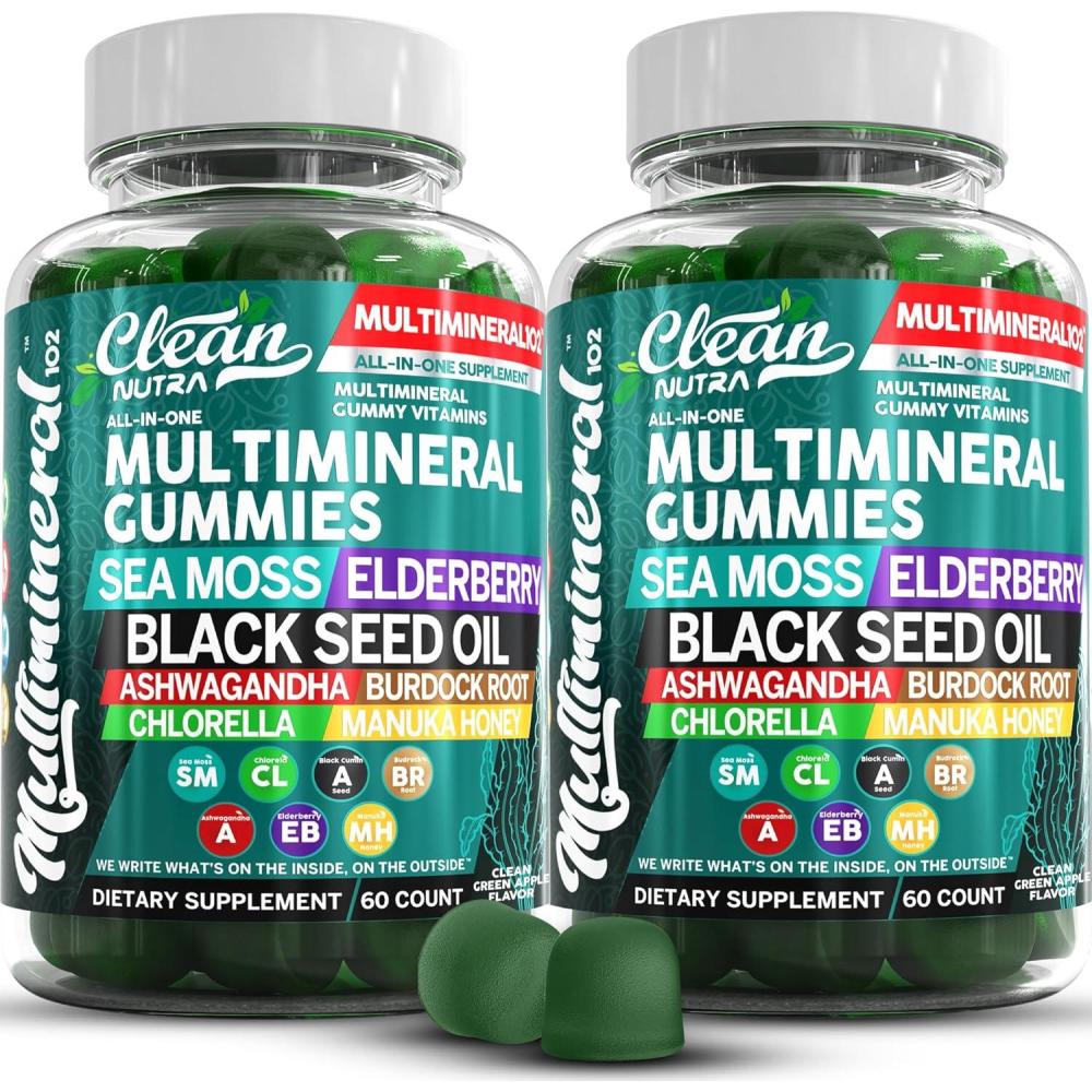 image:imageSea Moss Black Seed Oil Gummies with Ashwagandha Elderberry Burdock Root Chlorella Manuka Honey Vegan Gummy Vitamins for Adults Kids Men WomenMultimineral Green Apple Flavor by Clean Nutra 2Pack