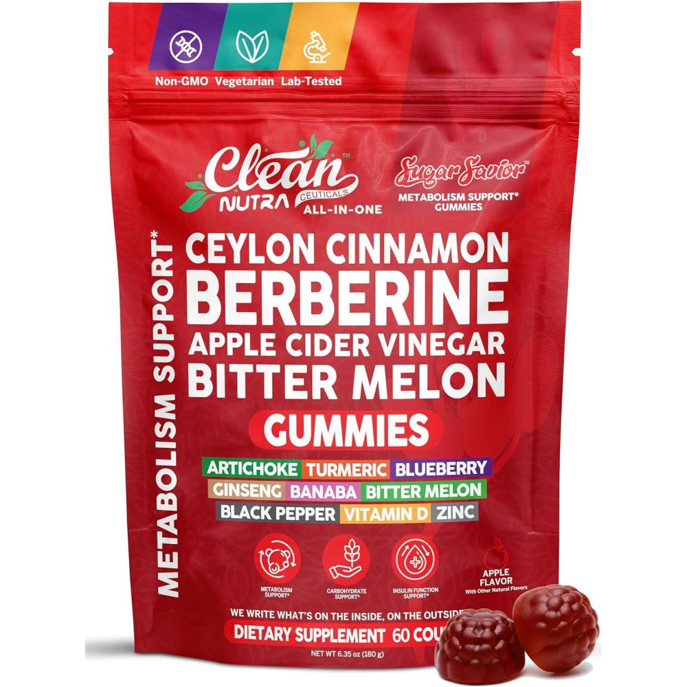 image:imageSugar Savior Ceylon Cinnamon Berberine Gummies Apple Cider Vinegar Artichoke Turmeric Blueberry Ginseng Banaba Bitter Melon Black Pepper Vitamin D Zinc GLP1 Gummies 60 Count by Clean Nutra