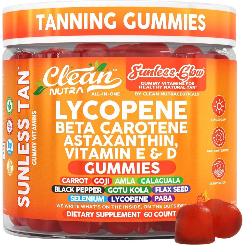 image:imageSunless Glow Lycopene Beta Carotene Tanning Gummies Astaxanthin Vitamin C D E Flax Seed Selenium Amla l Tyrosine PABA Black Pepper 60 Count Strawberry Banana Flavor By Clean Nutra
