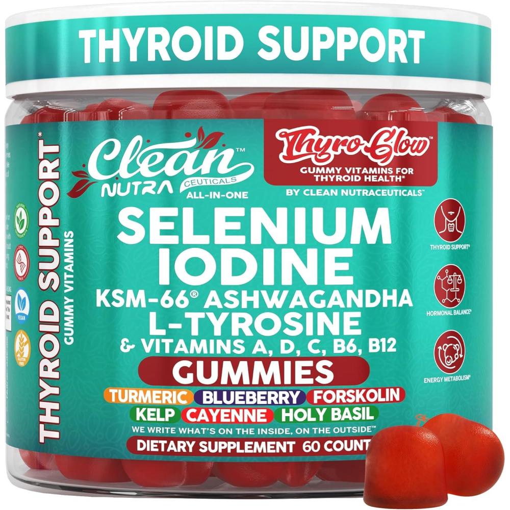 image:imageThyroGlow Thyroid Support Gummies Selenium Iodine KSM 66 Ashwagandha L Tyrosine Vitamin D C B12 B6 Turmeric Blueberry Holy Basil Folate Bladderwrack By Clean Nutra