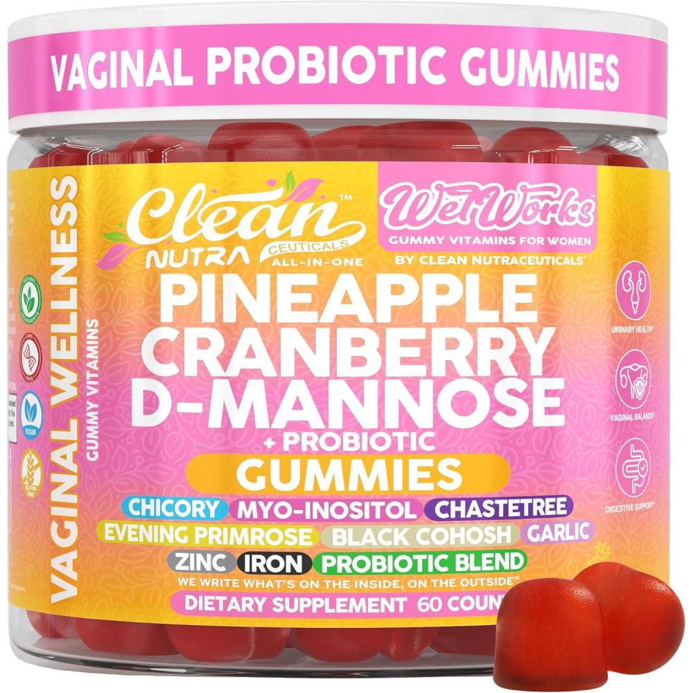 image:imageWet Works Womens Vaginal Probiotic Gummies Pineapple Cranberry Folic Acid DMannose Vitamin C Chicory Myo Inositol Garlic Black Cohosh Zinc Iron Evening Primrose Chastetree 60 Count by Clean Nutra