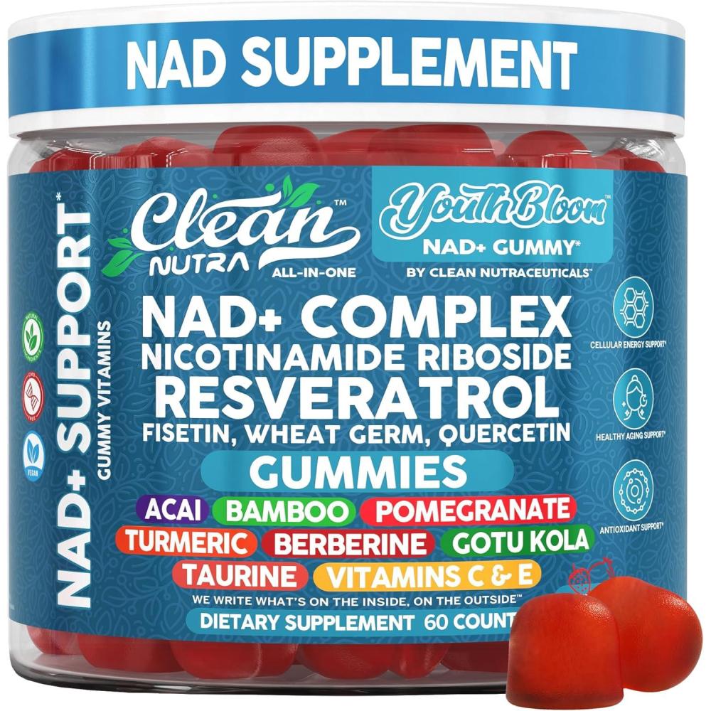 image:imageYouth Bloom NAD Supplement Gummies Resveratrol Fisetin Wheat Germ Berberine Taurine Turmeric Collagen Astaxanthin Nicotinamide Gotu Kola Pomegranate Vitamin C amp E 60 Ct by Clean Nutra