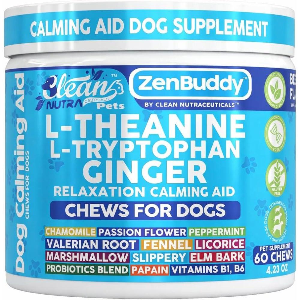 image:imageZenBuddy Calming Chews for Dogs LTheanine L Tryptophan Melatonin Ginger Chamomile Fennel Valerian Root Peppermint Relief Supplements 60 Beef Flavor Chews by Clean Nutra Pets