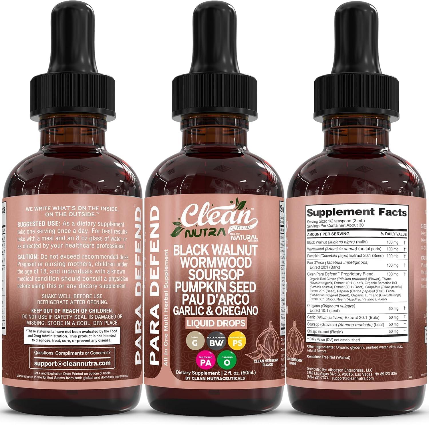 image:imagepara Defend Wormwood Black Walnut Cleanse for Humans Drops Liquid Soursop Garlic Pumpkin Seed PAU DArco Oil of Oregano Turmeric Berberine Neem Extract Hull Bark Tincture by Clean Nutra1