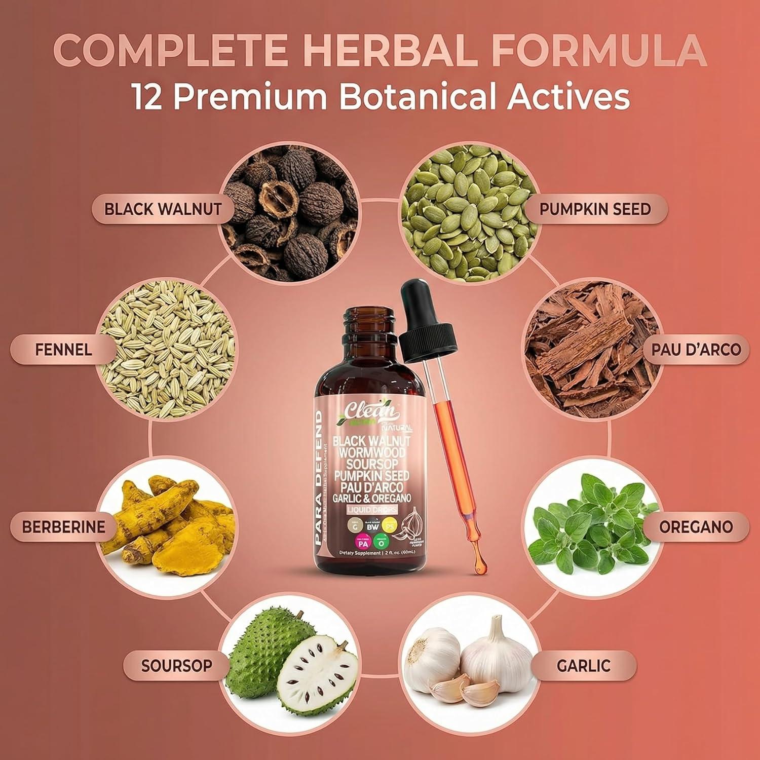 image:imagepara Defend Wormwood Black Walnut Cleanse for Humans Drops Liquid Soursop Garlic Pumpkin Seed PAU DArco Oil of Oregano Turmeric Berberine Neem Extract Hull Bark Tincture by Clean Nutra1