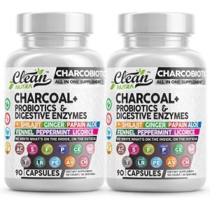 Activated Charcoal Pills for Gas Relief and Debloat, CharcoBiotic with Probiotics Digestive Enzymes Shilajit Peppermint Fennel Ginger Turmeric Licorice Root Aloe Vera Ceylon Cinnamon, Clean Nutra 90ct(60 Count (Pack of 2))