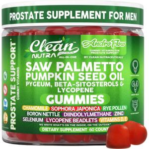 AndroFlow Saw Palmetto and Pumpkin Seed Oil Prostate Health Supplements for Men Pygeum Beta Sitosterol Lycopene Boron Zinc Selenium DIM Stinging Nettle Vitamin D, 60 Gummy Supplements By Clean Nutra