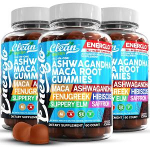 Ashwagandha Maca Root Gummies with Fenugreek Hibiscus Slippery Elm Saffron Extract & Beta Carotene | Peach Flavor Vegan Gummy Vitamins Adaptogen Cortisol Supplement Energlo By Clean Nutra(3)