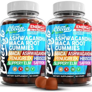 Ashwagandha Maca Root Gummies with Fenugreek Hibiscus Slippery Elm Saffron Extract & Beta Carotene | Peach Flavor Vegan Gummy Vitamins Adaptogen Cortisol Supplement Energlo By Clean Nutra(2)