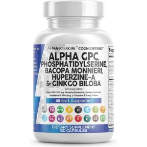 Brain Supplement Alpha GPC 300mg Phosphatidylserine Bacopa Monnieri Ginkgo Biloba Lions Mane Huperzine A L-Theanine NAC Nootropic Memory Focus Cognitive Support Vitamins B C D E 60 Capsules USA(1)