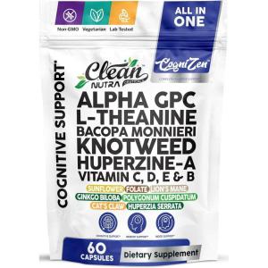 Clean Nutra Alpha GPC L-Theanine Bacopa Monnieri Knotweed Huperzine-A Vitamins C D E & B Nootropic Blend All in One Cognitive Formula 60 Capsules Vegetarian Non-GMO Lab Tested Dietary Supplement