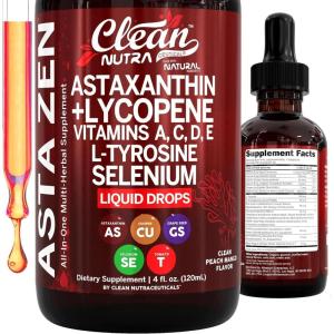 Clean Nutra Astaxanthin Lycopene Liquid Drops Absorption Support Vitamins A C D E 4 fl oz – Potent Natural D3 C E A & Selenium L-Tyrosine Formula Pure Antioxidant Blend Enhanced Nutrient Uptake