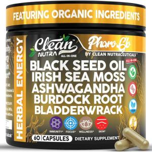 Clean Nutra Black Seed Oil Capsules + Sea Moss Ashwagandha Burdock Root Bladderwrack Seaweed Skin Detox Stress Relief Immune Support Focus Supplement Nigella Sativa 60 Pills