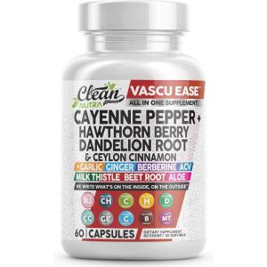 Clean Nutra Cayenne Pepper Capsules Supplement with Hawthorn Berry, Dandelion Root, Ceylon Cinnamon, Garlic, Ginger, Berberine, Apple Cider Vinegar, Milk Thistle, Beet Root, Aloe Vera Pills & More