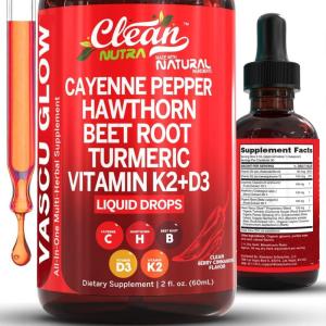 Clean Nutra Cayenne Pepper Drops Supplement Liquid + Hawthorn Berry, Vitamin D3 K2 Beet Root Powder, Ceylon Cinnamon, Turmeric Curcumin, Organic Panax Ginseng, Berberine Extract 1 Pack(1)