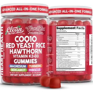 Clean Nutra CoQ10 Gummies Red Yeast Rice Hawthorn K2 Vitamin Supplement Magnesium Glycinate Turmeric Citrus Bergamot Hibiscus VIT D K Fenugreek Garlic Supplements Heart Support Gummy 60ct