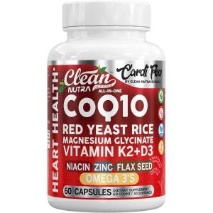 Clean Nutra CoQ10 Red Yeast Rice Magnesium Glycinate Vitamin K2 D3 Niacin Zinc Flax Seed Omega 3 Capsules 60 Count All in One Formula Premium Ingredients Dietary Supplement