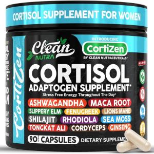 Clean Nutra Cortisol Supplements For Women | Maca Root Ashwagandha Cortisol Detox Manager Reducer + Slippery Elm Fenugreek Lions Mane Shilajit Rhodiola Sea Moss Tongkat Ali Cordyceps Ginseng Beet Root(1)