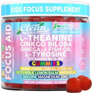 Clean Nutra Kids Focus Gummies with L-Theanine, Ginkgo Biloba, Omega-3 Fish Oil, L-Tyrosine, Vitamin B6, B12 � 60 Count, Clean Label, Non-GMO, Vegan-Friendly SmartyPop Formula for Kids Support