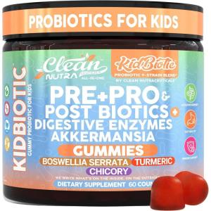 Clean Nutra Kids Probiotics Gummies with Prebiotics, Postbiotics, Digestive Enzymes, Akkermansia, Boswellia Serrata, Turmeric, Chicory – 60 Count – Plant-Based Supplement for Kids – PeachPop Flavor