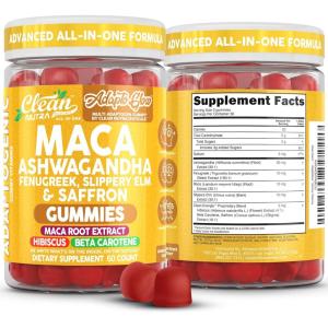 Clean Nutra Maca Root Gummies Ashwagandha Fenugreek Slippery Elm Saffron Hibiscus Beta Carotene Vitamin A for Women Macaroot Extract 60 Gummies Vegan Adaptogen Supplement Gummy Non GMO