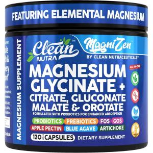 Clean Nutra Magnesium Glycinate Citrate Malate Orotate Taurate Supplement Complex + 10 Strain Probiotic Prebiotics FOS GOS Inulin Sleep Calm Support Apple Pectin – 120 Vegan Capsules