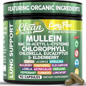 Clean Nutra Mullein Leaf Extract for Lungs Cleanse NAC Supplement Chlorophyll Chlorella Elderberry | Lung Detox for Smokers | Ginger Licorice Astragalus Oregano Turmeric Respiratory Support Capsules