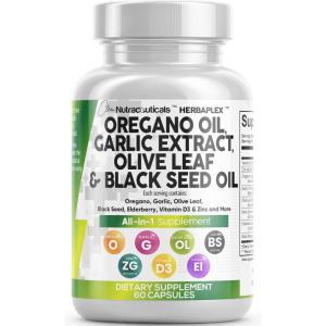 Clean Nutra Oregano Oil with Black Seed Oil Garlic Olive Leaf Extract – Oil of Oregano Capsules Immune Support Carvacrol & Thymoquinone Supplement for Women and Men + Elderberry Vitamin D3 & Zinc(60 Count (Pack of 1))