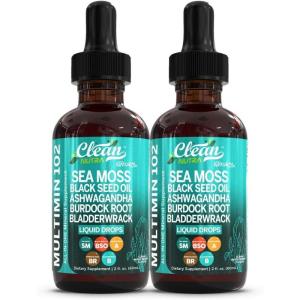 Clean Nutra Organic Sea Moss Drops Supplement | Black Seed Oil Irish Seamoss Ashwagandha Burdock Root & Bladderwrack – Multimineral Liquid Vegan for Gut Heath Energy Skin Immune Support & Hair(2)