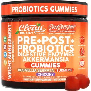 Clean Nutra Prebiotic Postbiotic Digestive Enzymes Gummies with Chicory Root, Boswellia Serrata, Turmeric, and Akkermansia | Pre+Post Probiotics Supplement | 60 Count Gummy | PooPerfect