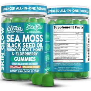 Clean Nutra Sea Moss Gummies Black Seed Oil Chlorella Ashwagandha Root Hair Growth Skin Glow Irish Sea Moss Elderberry Burdock Manuka Honey Trace Minerals Detox 60 Gummy Vitamins Sea Glow Supplement