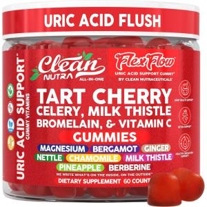 Clean Nutra Tart Cherry Gummies Uric Acid Flush Celery Milk Thistle Bromelain Vitamin C Magnesium Citrus Bergamot Ginger Stinging Nettle Leaf Chamomile Berberine Quercetin Support 60 Gummy Vitamins