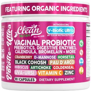 Clean Nutra Vaginal Probiotics for Women + Prebiotics Digestive Enzymes Bromelain Cranberry D Mannose Horsetail Black Cohosh Artichoke Hibiscus Flowers Probiotic for Digestive Health 90 Vegan Capsules(1)