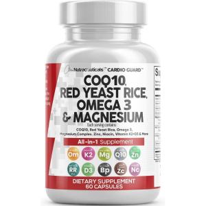 Clean Nutraceuticals COQ10 200mg Red Yeast Rice Omega 3 Magnesium Complex 500mg Niacin Zinc Vitamin K2 D3 – Heart Support Vitamins for Women & Men w/Vitamin B3, Coenzyme Q10-60 Ct(60 Count (Pack of 1))
