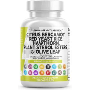Clean Nutraceuticals Citrus Bergamot Red Yeast Rice Capsules with Plant Sterols – with Hawthorn Extract Olive Leaf Niacin Vitamin K3 D3 COQ10 Guggul & More(90 Count (Pack of 1))