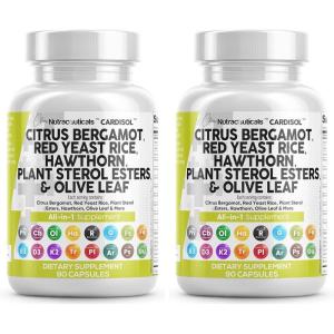 Clean Nutraceuticals Citrus Bergamot Red Yeast Rice Capsules with Plant Sterols – with Hawthorn Extract Olive Leaf Niacin Vitamin K3 D3 COQ10 Guggul & More(90 Count (Pack of 2))