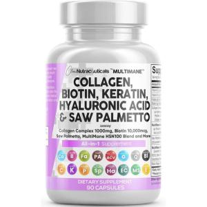 Clean Nutraceuticals Collagen Pills 1000mg Biotin 10000mcg Keratin Saw Palmetto Hyaluronic Acid – Hair Skin & Nails Vitamins & DHT Blocker with Vitamin E Folic Acid Pumpkin Seed MSM – 90 Count(90 Count (Pack of 1))