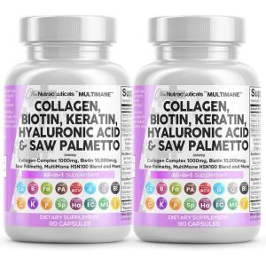 Clean Nutraceuticals Collagen Pills 1000mg Biotin 10000mcg Keratin Saw Palmetto Hyaluronic Acid – Hair Skin & Nails Vitamins & DHT Blocker with Vitamin E Folic Acid Pumpkin Seed MSM – 90 Count(90 Count (Pack of 2))