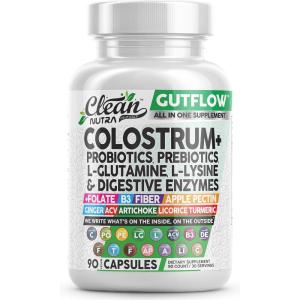 Clean Nutraceuticals Colostrum Supplement Capsules Probiotics Pills Prebiotics, L-Glutamine, Digestive Enzymes, Folate, Fiber, ACV, Turmeric, Apple Pectin and Turmeric Pills(90 Count (Pack of 1))