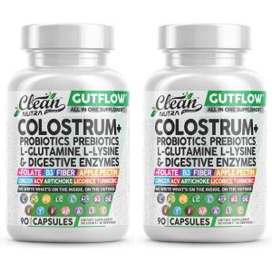 Clean Nutraceuticals Colostrum Supplement Capsules Probiotics Pills Prebiotics, L-Glutamine, Digestive Enzymes, Folate, Fiber, ACV, Turmeric, Apple Pectin and Turmeric Pills(90 Count (Pack of 2))