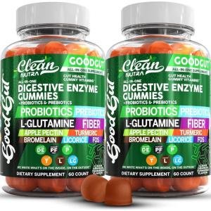 Clean Nutraceuticals Digestive Enzymes with Probiotics & Prebiotics for Digestive Health Gummies & L-Glutamine for Gut Health Bromelain Apple Pectin Inulin FOS Plant Based Vegan Gummy Vitamins(2)