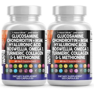 Clean Nutraceuticals Glucosamine 1500mg Chondroitin 1200mg MSM with Turmeric Curcumin, Collagen, Hyaluronic Acid, Omega 3 – Joint Health Supplement for Men & Women – Joint Complex – 120 Count(120 Count (Pack of 2))