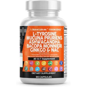 Clean Nutraceuticals L Tyrosine Mucuna Pruriens Bacopa Monnieri Ashwagandha Focus Supplement w/N-Acetyl Cysteine NAC 5-HTP Ginkgo Biloba Alpha GPC Vitamin C D B1 B12