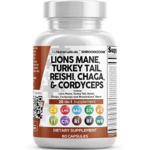Clean Nutraceuticals Lions Mane 20in1 Mushroom Supplement with Turkey Tail Reishi Cordyceps Chaga Maitake Meshima Poria Cocos Shiitake Oyster Porcini Enoki – 2Pack(1)
