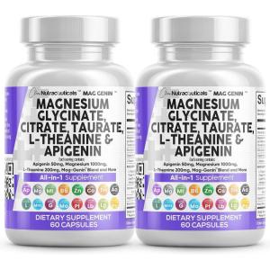 Clean Nutraceuticals Magnesium Glycinate Complex 1000mg with L-Theanine 200mg Apigenin 50mg Citrate Taurate Supplement – 5-HTP GABA Passion Flower Lemon Balm L-Glycine Phosphatidylserine – 60 Count(60 Count (Pack of 2))
