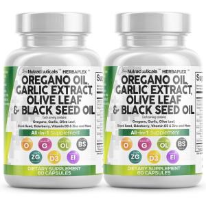 Clean Nutraceuticals Oregano Oil Garlic Extract Olive Leaf Black Seed Oil – Immune Support & Digestive Health Supplement for Women and Men with Vitamin D3 & Zinc – 2Pack